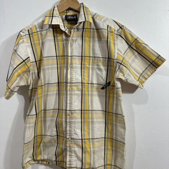 South Pole Teen Button Up Relaxed Short Sleeve  Yellow Plaid Shirt  Size L - Picture 2 of 7